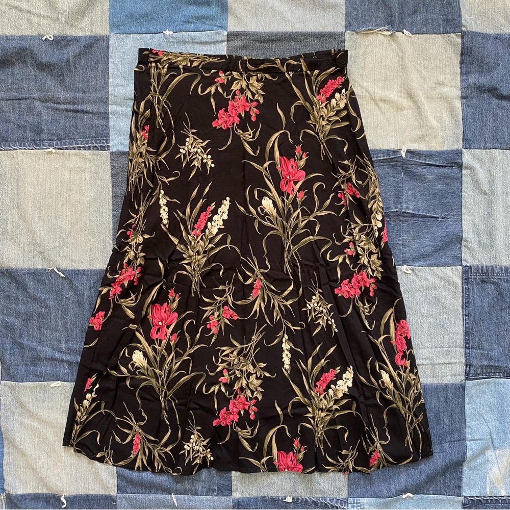 vtg Byer California 90s floral midi skirt black pink green